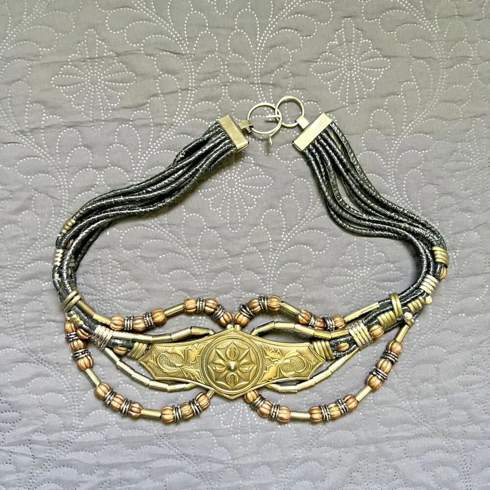 Vintage Boho Multi Strand Leather Belt Bronze Beaded Statement Festival Waist